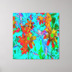 Aqua Tropical with Yellow and Orange Flowers Canvas Print