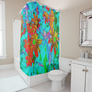 Aqua Tropical with Yellow and Orange Flowers Shower Curtain
