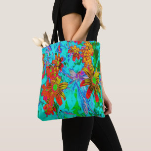 Aqua Tropical with Yellow and Orange Flowers Tote Bag