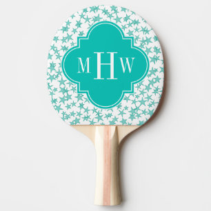 Aqua / Turq White Stars Teal Quatrefoil 3 Monogram Ping Pong Paddle