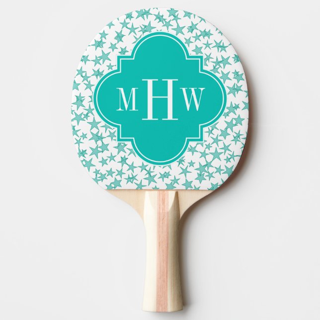 Aqua / Turq White Stars Teal Quatrefoil 3 Monogram Ping Pong Paddle (Front)