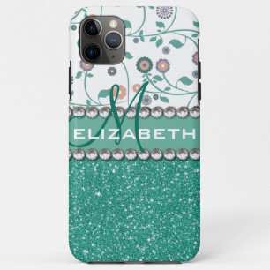 Aqua Turqoise Monogram Flower Glitter Pattern Case-Mate iPhone Case