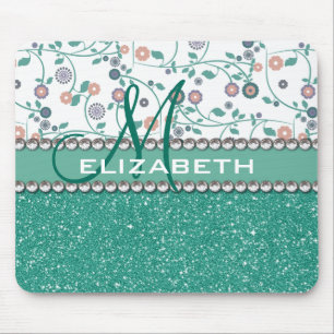 Aqua Turqoise Monogram Flower Glitter Pattern Mouse Pad