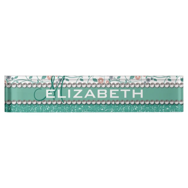 Aqua Turqoise Monogram Flower Glitter Pattern Nameplate (Front)