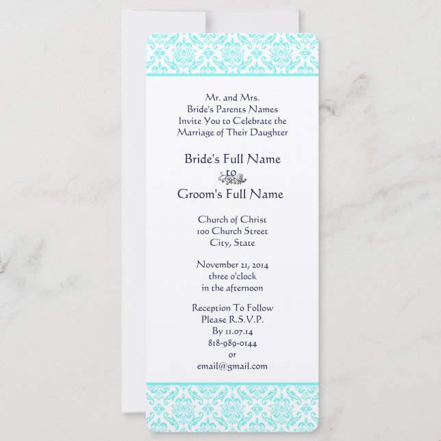 Aqua Turquiose Navy Blue Damask Wedding Invitation (Front)