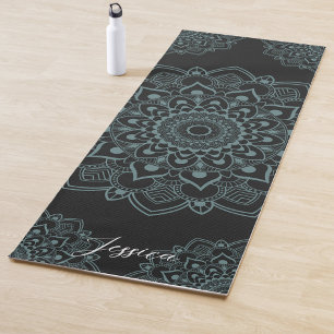 Aqua Turquoise & Black Mandala w Calligraphy Name Yoga Mat