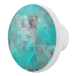 Aqua Turquoise Blue and Grey Abstract Ceramic Knob