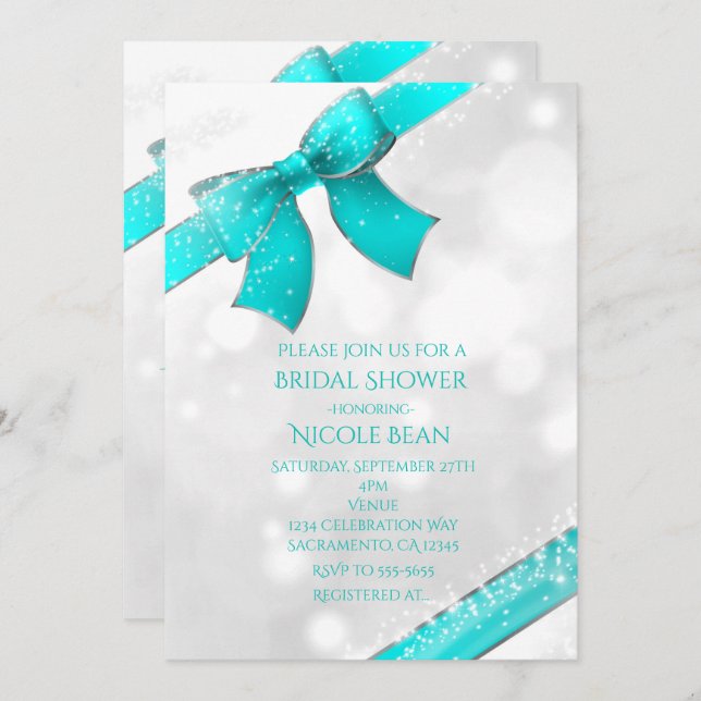 Aqua Turquoise Blue Bow & Sparkles Chic Invitation (Front/Back)