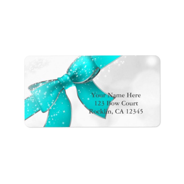 Aqua Turquoise Blue Bow & Sparkles Chic Invitation Label (Front)