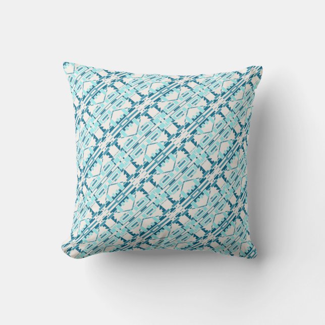Aqua Turquoise Blue on Off-white Diagonal Tiles Cushion (Front)