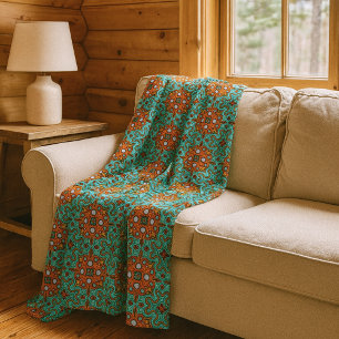Aqua Turquoise Blue Orange Red Brown Tribe Art Fleece Blanket