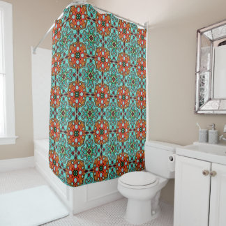 Aqua Turquoise Blue Orange Red Brown Tribe Art Shower Curtain