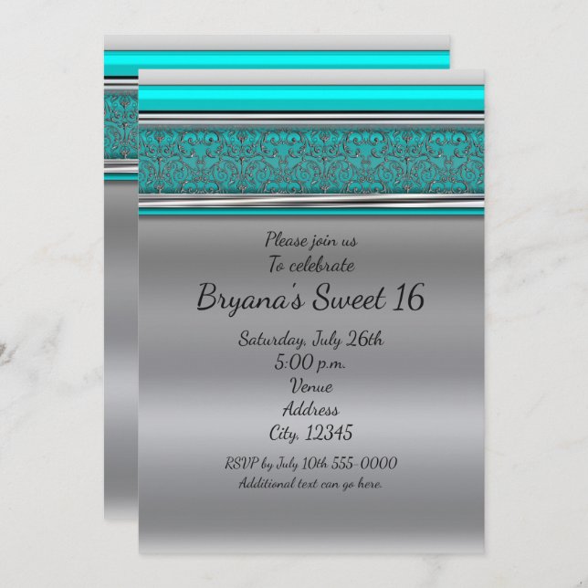 Aqua Turquoise Blue & Silver Sweet 16 Invitations (Front/Back)