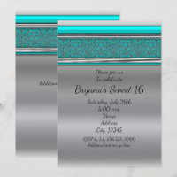 Aqua Turquoise Blue & Silver Sweet 16 Invitations