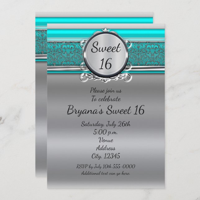 Aqua Turquoise Blue & Silver Sweet 16 Invitations (Front/Back)