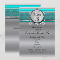 Aqua Turquoise Blue & Silver Sweet 16 Invitations