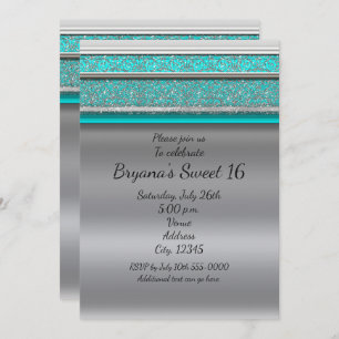 Aqua Turquoise Blue & Silver Sweet 16 Invitations