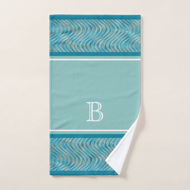 Aqua Turquoise Blue Taupe Curved Lines Art Pattern Bath Towel Set (Hand Towel)