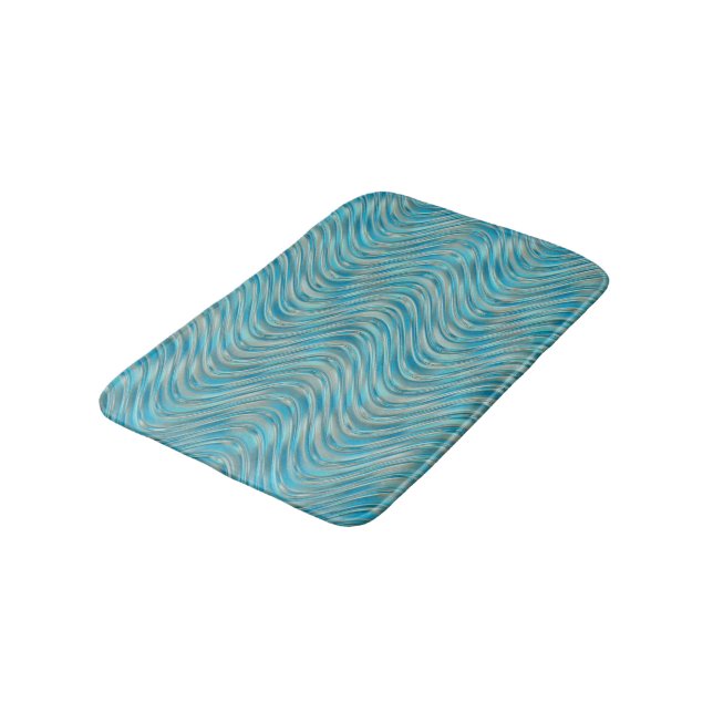 Aqua Turquoise Blue Taupe Curved Lines Pattern Bath Mat (Angled)
