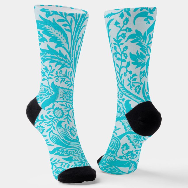 Aqua Turquoise Blue Vintage Style Floral Socks (Angled)