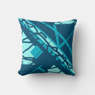 Aqua Turquoise Diagonal Design on Dark Blue Motif Cushion