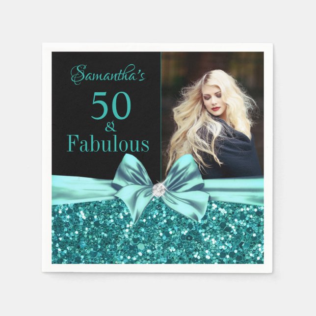 Aqua Turquoise Glitter Bow 50th Birthday Photo Napkin (Front)