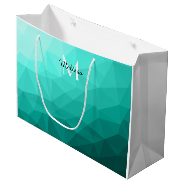 Aqua Turquoise Gradient Geometric Mesh Monogram Large Gift Bag (Front Angled)