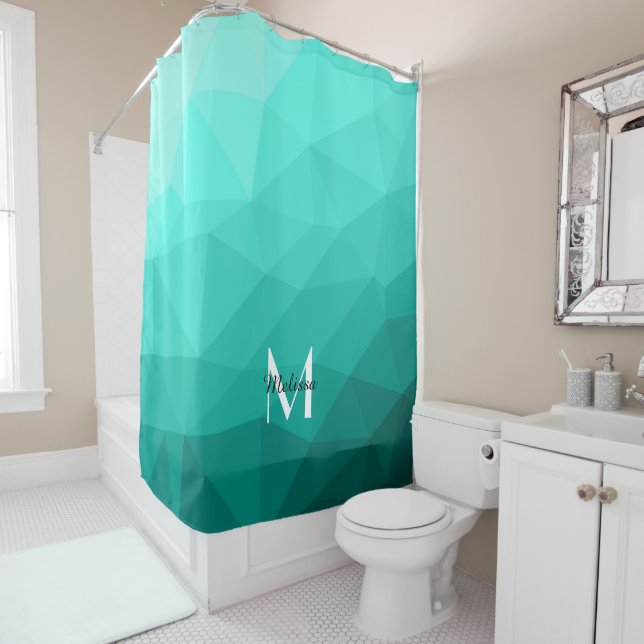 Aqua Turquoise Gradient Geometric Mesh Monogram Shower Curtain (In Situ)