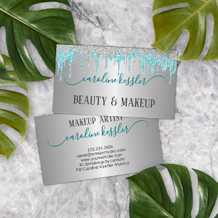 Aqua Turquoise Green Silver Glitter Sparkle Drip Business Card