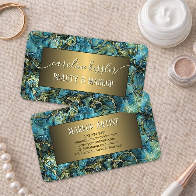 Aqua Turquoise Green Teal Blue Gold Marbled Business Card (Creator Uploaded)