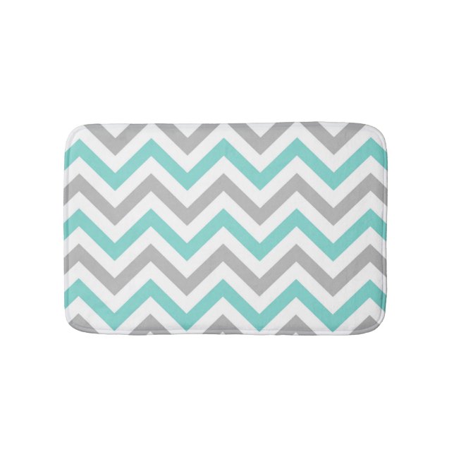 Aqua Turquoise Grey Wht LG Chevron ZigZag Pattern Bath Mat (Front)