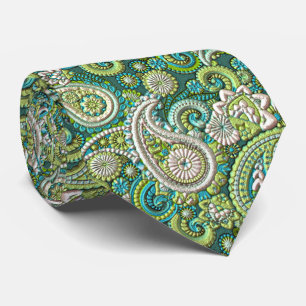 Aqua Turquoise Lime Green Paisley Floral Pattern Tie