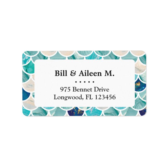 Aqua turquoise marble mermaid fish scales label (Front)