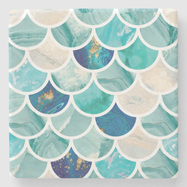 Aqua turquoise marble mermaid fish scales stone coaster (Front)