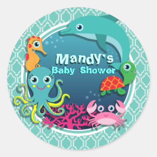 Aqua Turquoise Ocean Life Baby Shower Classic Round Sticker