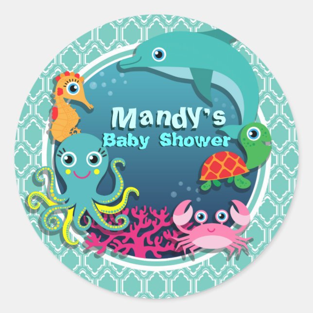 Aqua Turquoise Ocean Life Baby Shower Classic Round Sticker (Front)