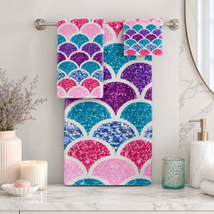 aqua turquoise pink purple mermaid scales bath towel set