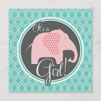 Aqua Turquoise Retro Baby Girl Elephant Shower Invitation
