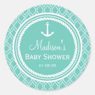 Aqua Turquoise Retro Nautical Anchor Baby Shower Classic Round Sticker
