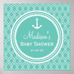Aqua Turquoise Retro Nautical Anchor Baby Shower Poster