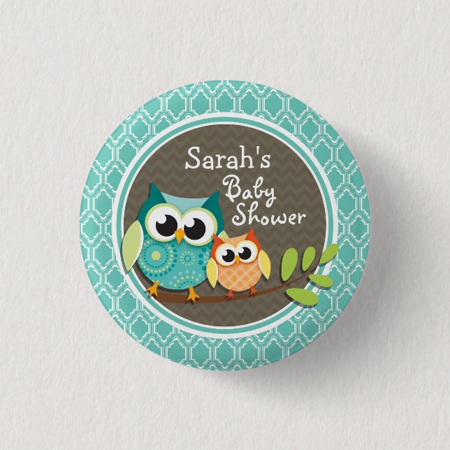 Aqua Turquoise Retro Owls Baby Shower 3 Cm Round Badge (Front)