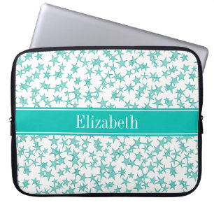 Aqua Turquoise Stars White BG, Teal Name Monogram Laptop Sleeve