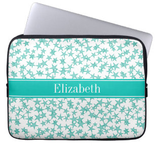 Aqua Turquoise Stars White BG, Teal Name Monogram Laptop Sleeve