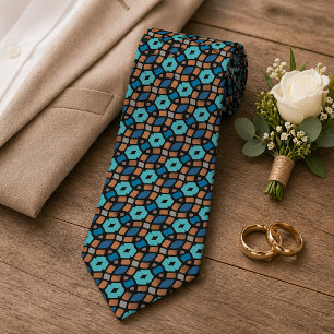 Aqua Turquoise Teal Blue Brown Black Tribal Art Tie