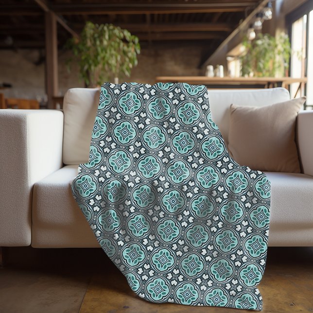 Aqua Turquoise Teal Blue Green Bohemian Tribal Art Fleece Blanket (Creator Uploaded)