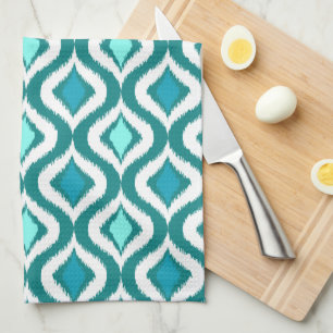Aqua Turquoise Teal Blue Green Ikat Art Pattern Tea Towel