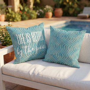Aqua Turquoise Teal Blue Taupe Curved Lines Art Cushion
