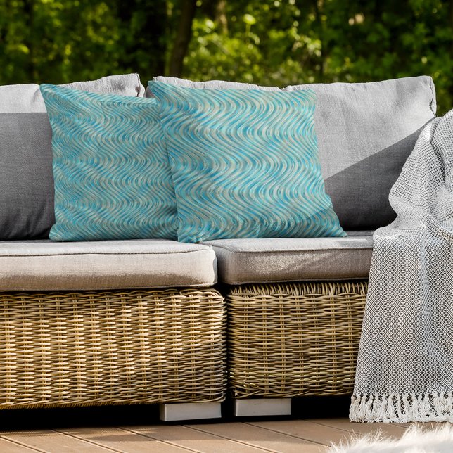 Aqua Turquoise Teal Blue Taupe Curved Lines Art Cushion (Creator Uploaded)