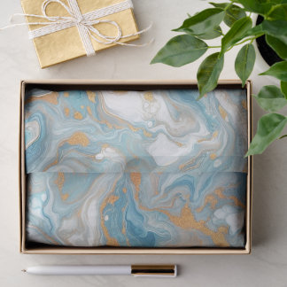 Aqua Turquoise Teal Blue White Gold Marble Pattern Tissue Paper