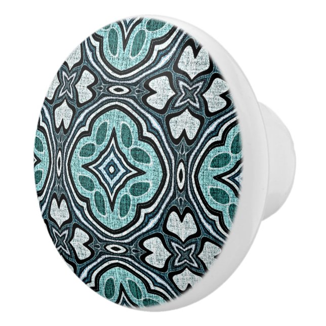 Aqua Turquoise Teal Grey Blue Ethnic Tribe Art Ceramic Knob (Right)